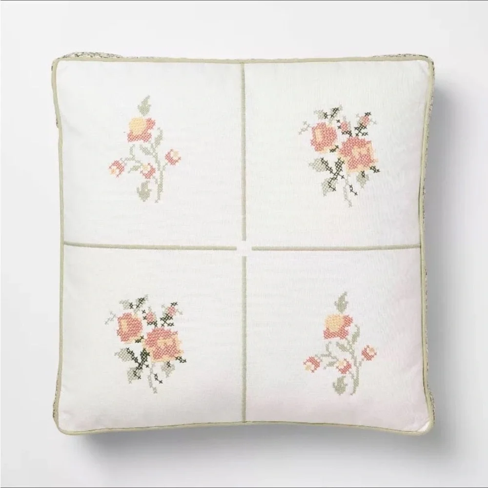 Square Cross-Stitched Floral Pillow Printed Green/Pink - Threshold Studio McGee